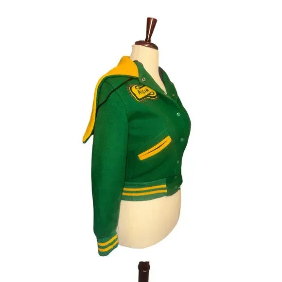 Vintage Green & Yellow Wool Varsity Jacket Women's XS/S by Nelsons USA